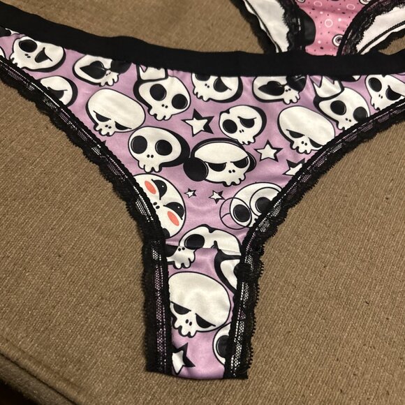 Morvia 3pk lace trim Skater goth Emo Bikini panties Large plus size skulls Pink - Picture 8 of 12